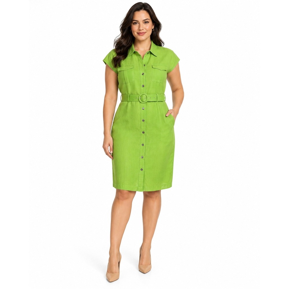 Utility Safari Alex Marie Belted Shirt Dress Collared Linen Blend 12 Lime Green